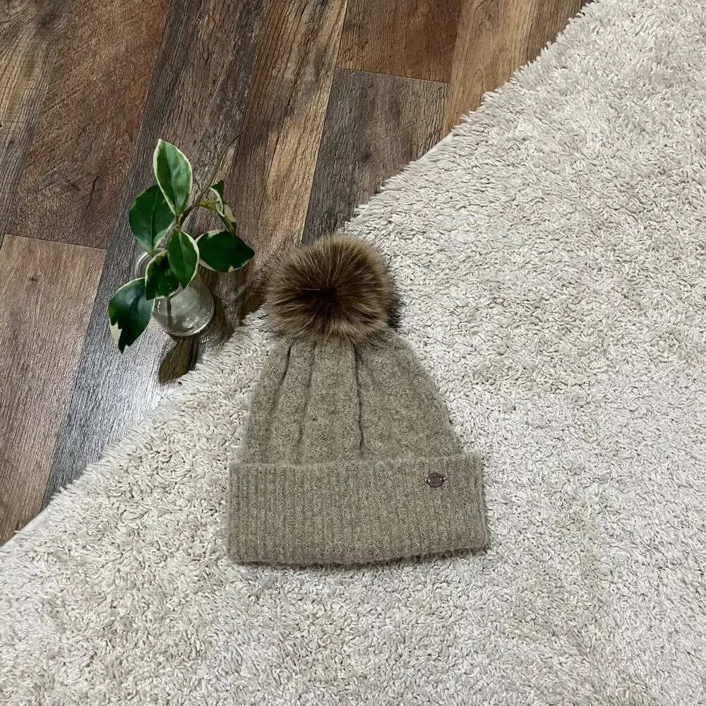 Calia by Carrie Underwood One Size Beige Cable Knit Faux Fur Pom Beanie